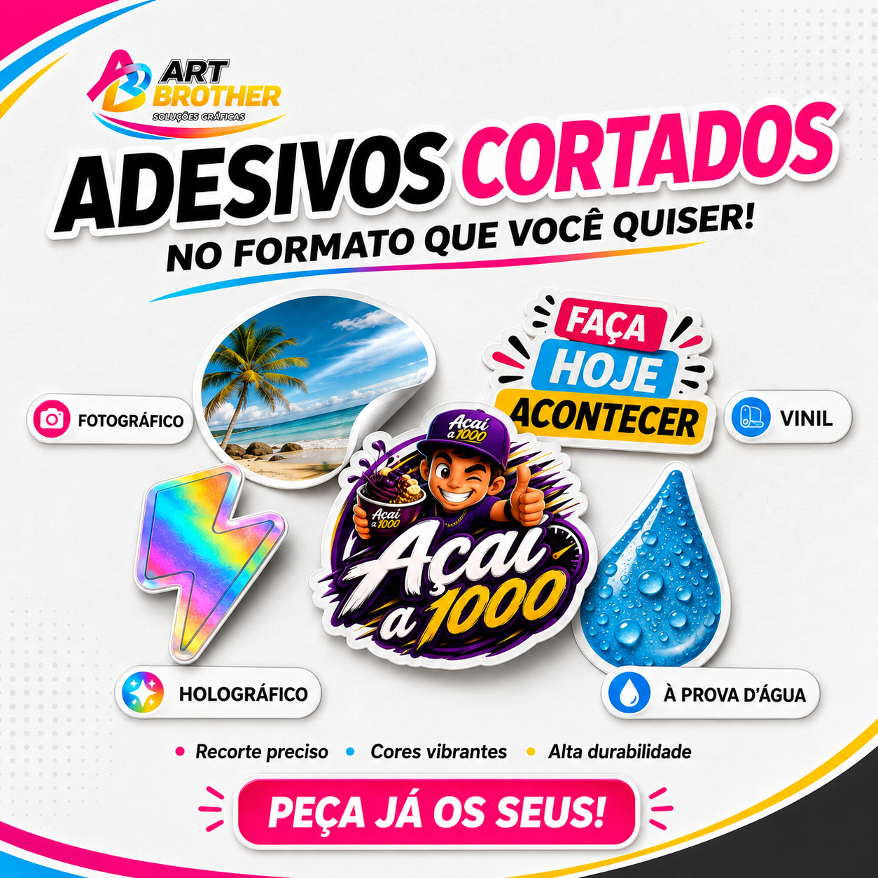 Adesivos cortados personalizados em material fotográfico, vinil, holográfico e à prova d'água