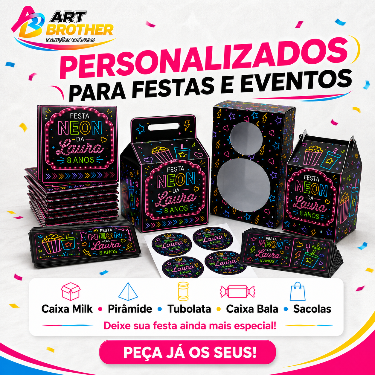 Personalizados para festas e eventos: Caixa Milk, Pirâmide, Tubolata, Caixa Bala e Sacolas